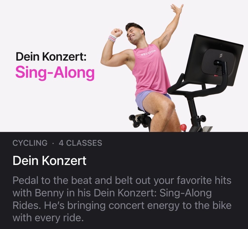 ABBA sing along ride series banner showing Benny Adami on the Peloton Bike for Dein Konzert