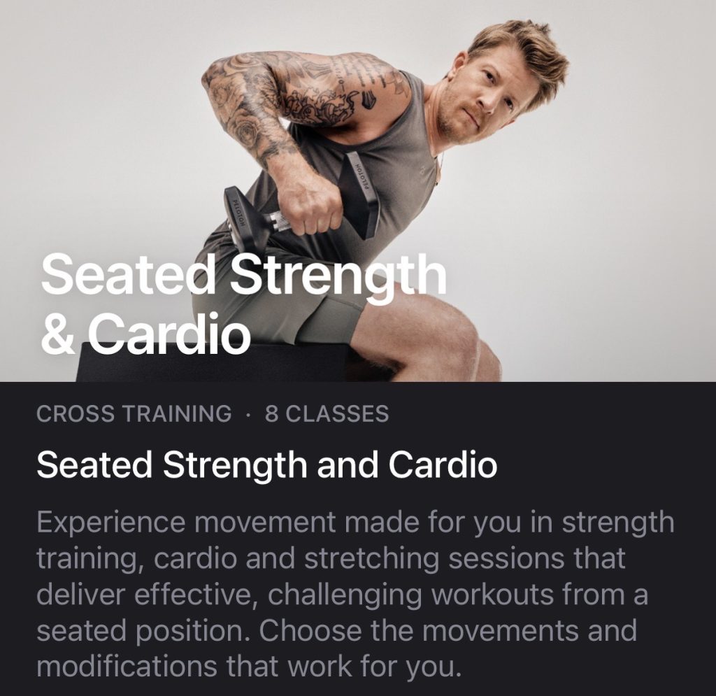 Seated Strength and Cardio collection cover in the Peloton App showing an instructor lifting a dumbbell while seated