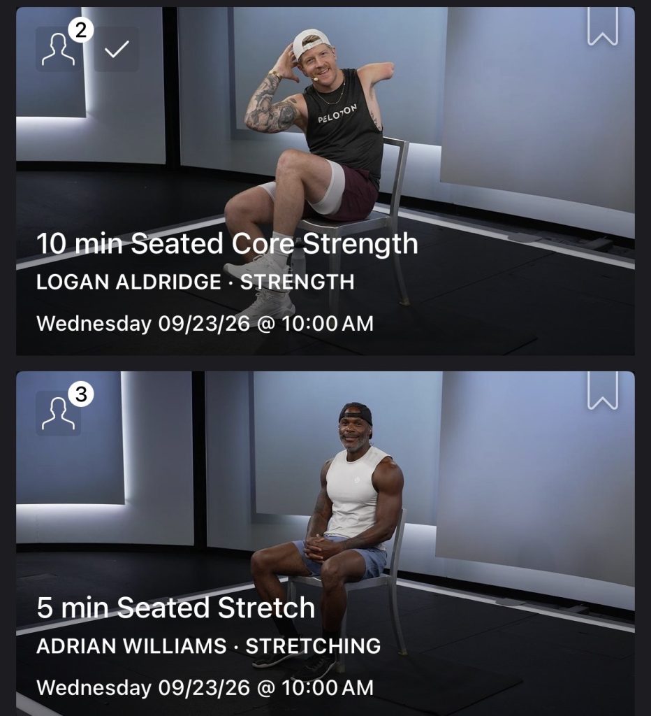 Seated Strength and Cardio classes with Logan Aldridge and Adrian Williams seated on chairs in the Peloton studio