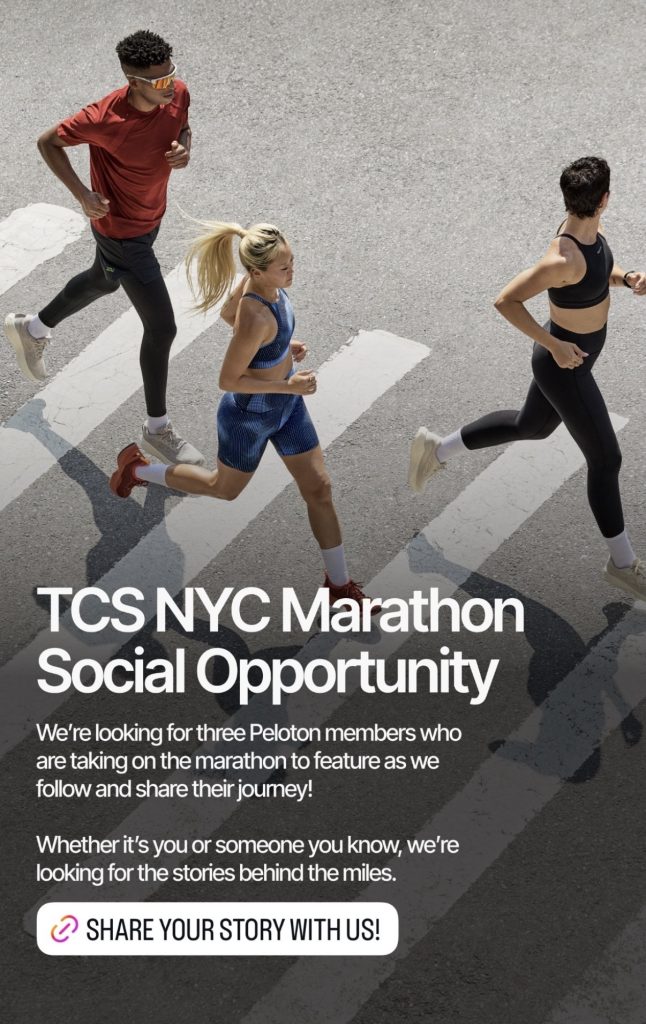 Peloton NYC Marathon stories graphic of three runners crossing a city street