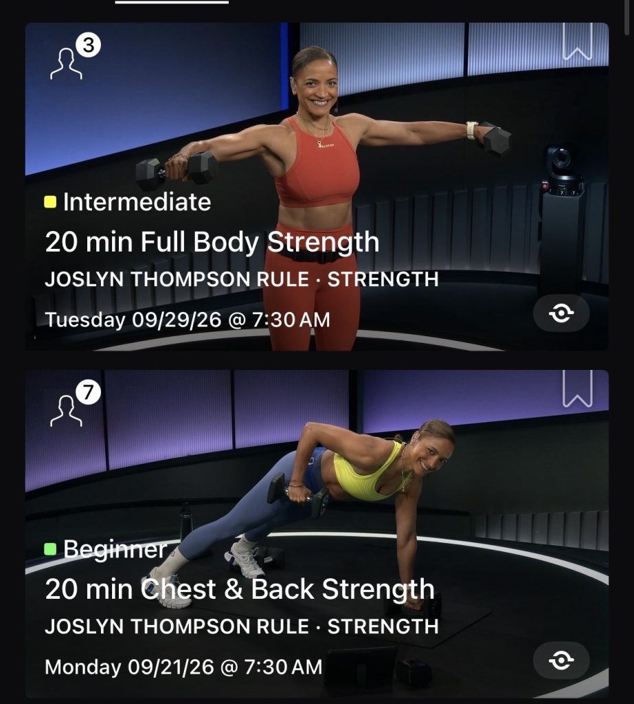 October strength program classes 20 min Full Body Strength and Beginner 20 min Chest & Back Strength with Joslyn Thompson Rule on Peloton