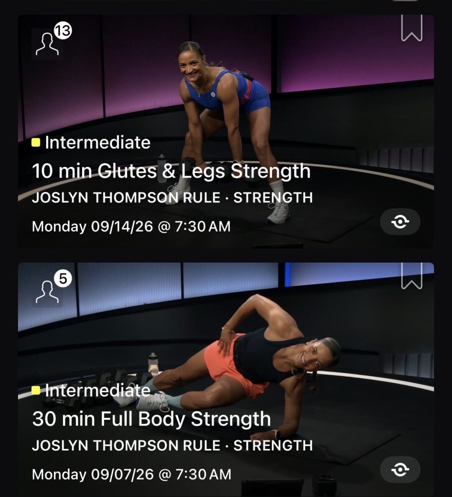October strength program classes 30 min Full Body Strength and 10 min Glutes & Legs Strength with Joslyn Thompson Rule on Peloton