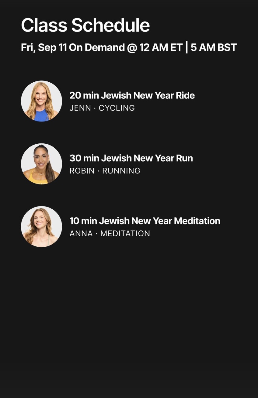 Peloton Jewish New Year classes schedule showing cycling, running, and meditation sessions