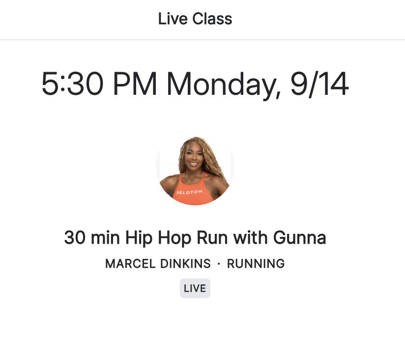 Marcel Dinkins Hip Hop Run live class screen naming Gunna, airing Monday September 14 at 5:30 PM ET