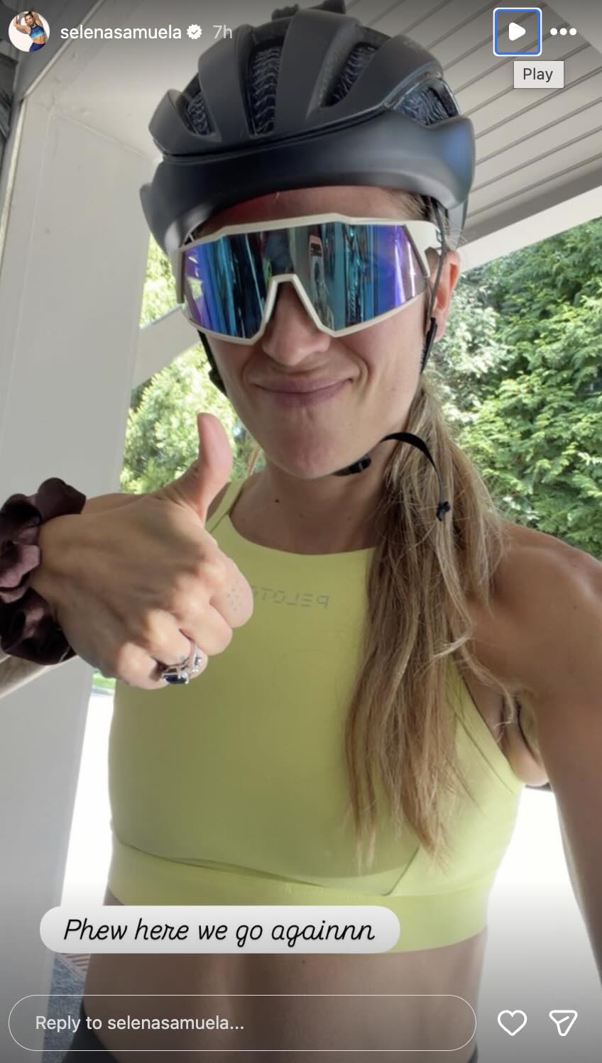 Selena Samuela triathlon training ride in cycling helmet and sunglasses