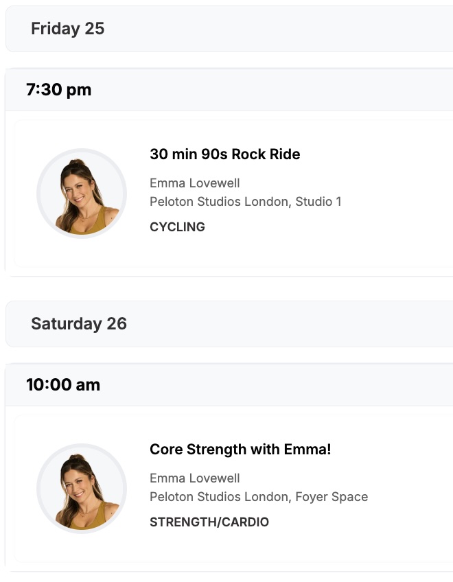 Emma Lovewell Peloton Studios London Class Schedule