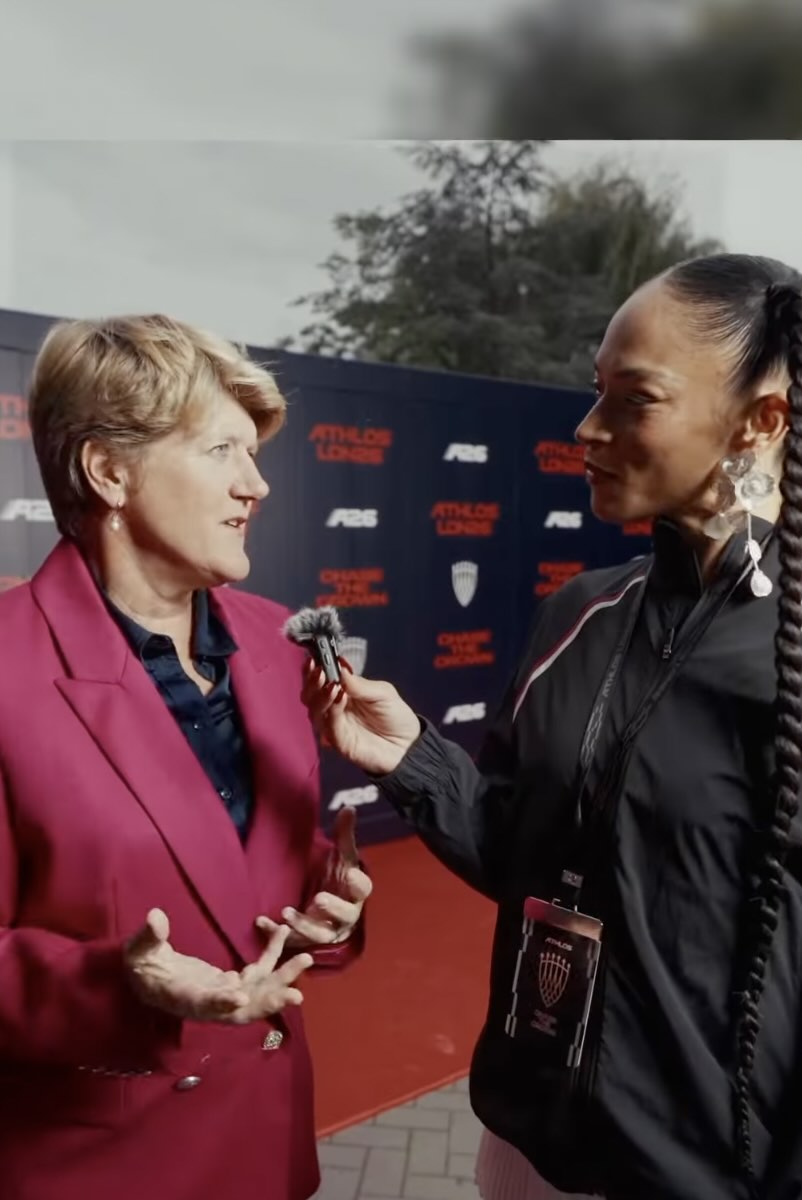 Hannah Frankson conducting an interview at Athlos 2026