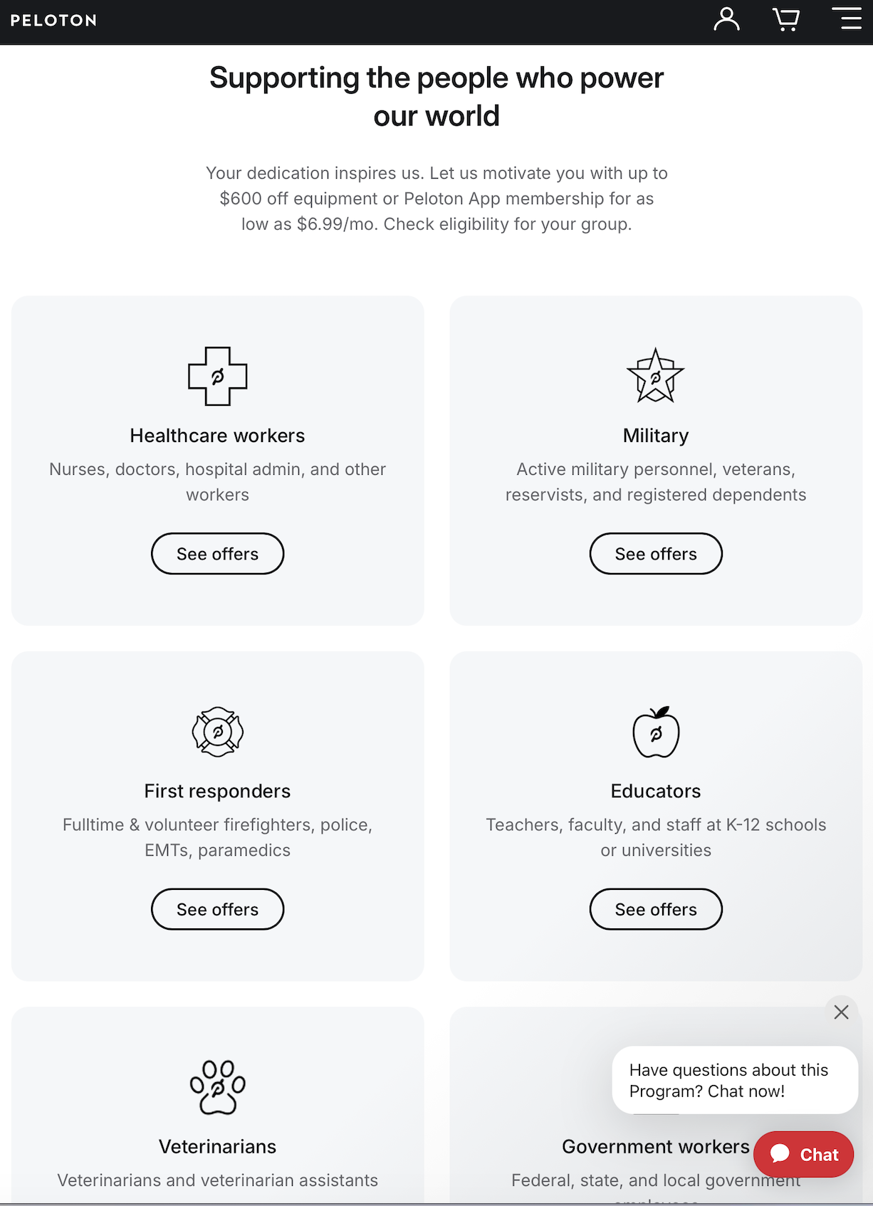 Peloton educator discount eligibility list showing K-12 teachers and professors