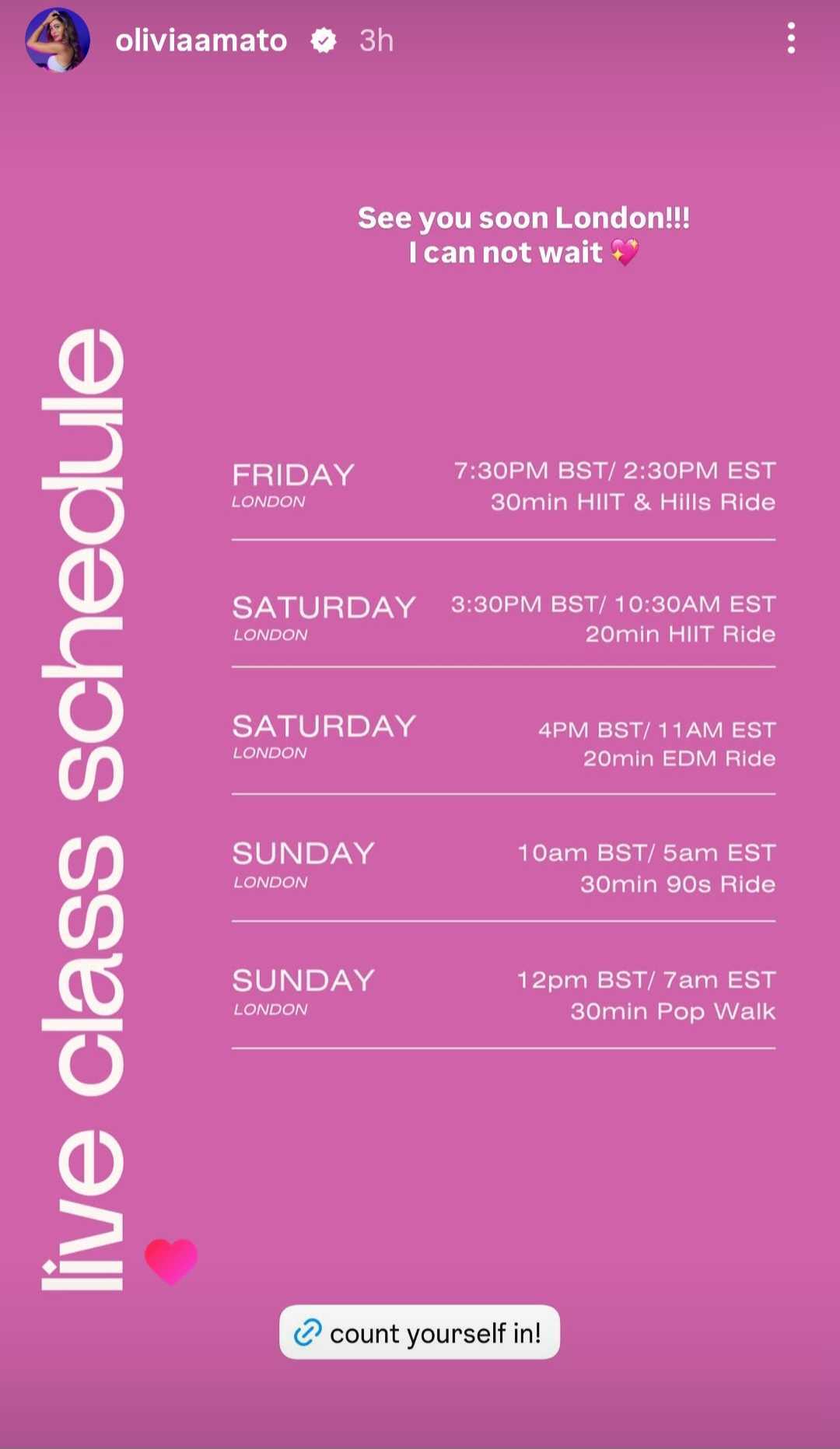 Olivia Amato Peloton Studios London classes schedule graphic