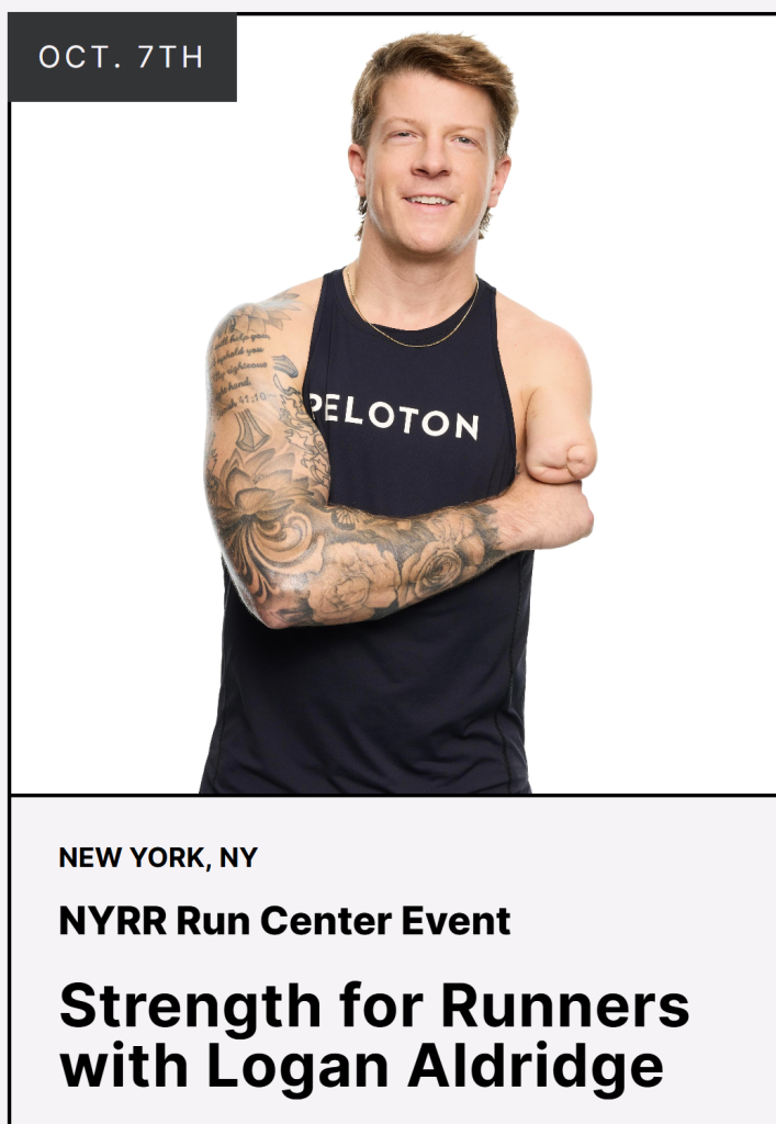 Logan Aldridge Strength for Runners event graphic showing Logan Aldridge in a Peloton tank for the NYRR Run Center class on October 7