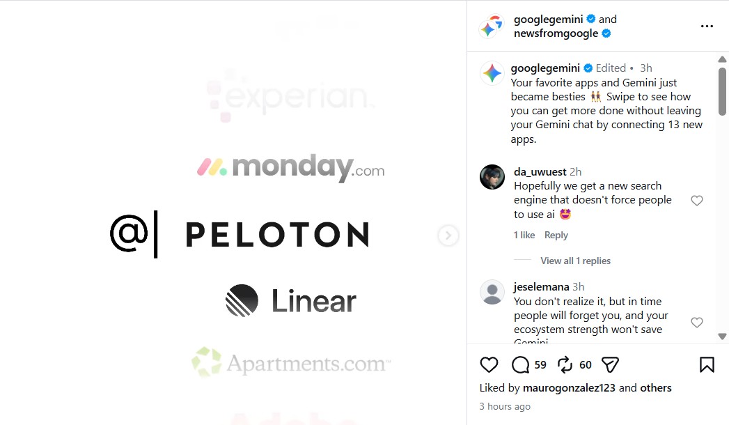 peloton gemini integration image of gemini's integration announcement on Instagram