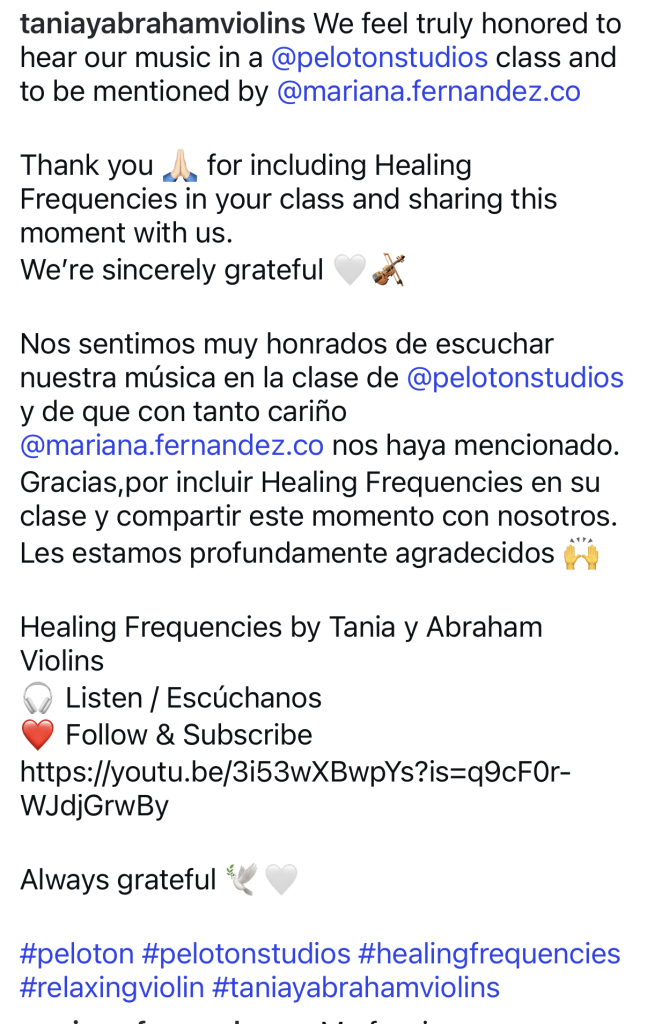 Tania y Abraham Violins Instagram post thanking Mariana Fernández for featuring Healing Frequencies in a Peloton class