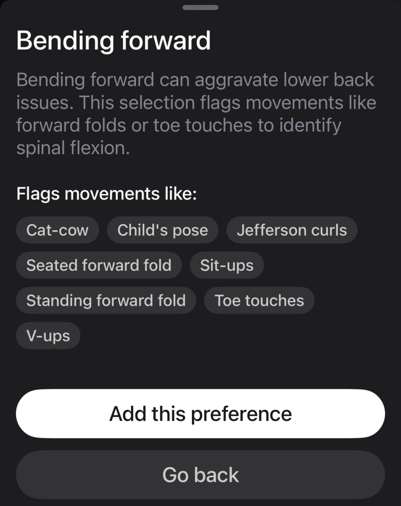 Peloton movement preferences Bending forward card listing cat-cow, child’s pose, sit-ups, and V-ups as flagged movements
