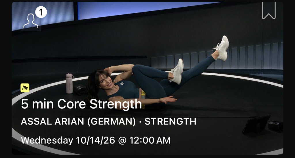 Peloton movement preferences yellow flag on a 5 min Core Strength class card with Assal Arian (German)