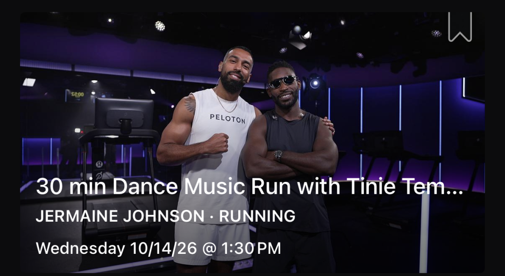 Tinie Tempah Peloton class card for the 30 min Dance Music Run with Jermaine Johnson