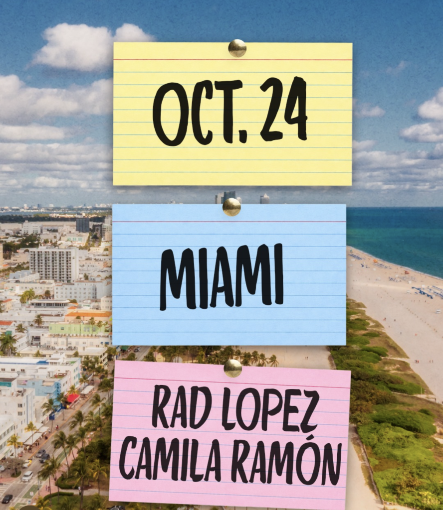 Gratitude Season Tour Miami graphic with the October 24 date and instructors Rad Lopez and Camila Ramón over a Miami Beach skyline