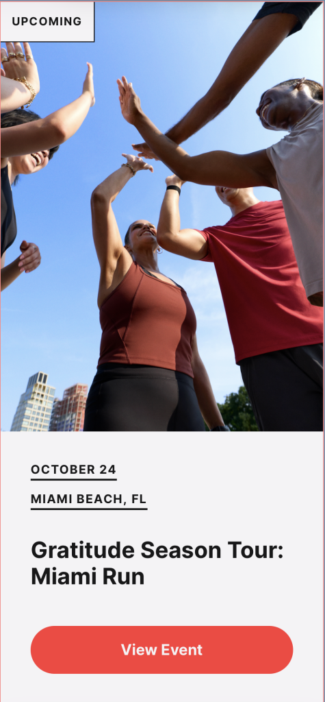 Gratitude Season Tour Miami event card showing runners sharing high-fives under a blue sky