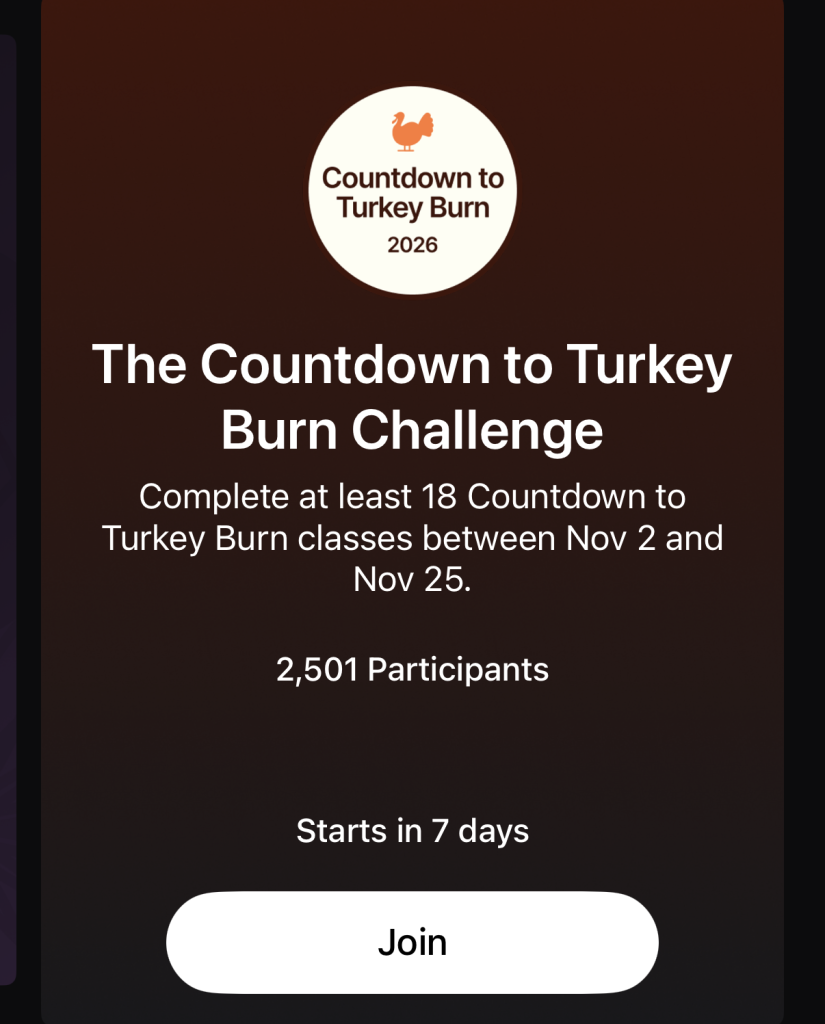 Countdown to Turkey Burn 2026 challenge badge for completing 18 classes between November 2 and November 25