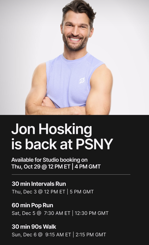 Jon Hosking PSNY schedule graphic showing December Intervals Run, Pop Run, and 90s Walk classes with booking date