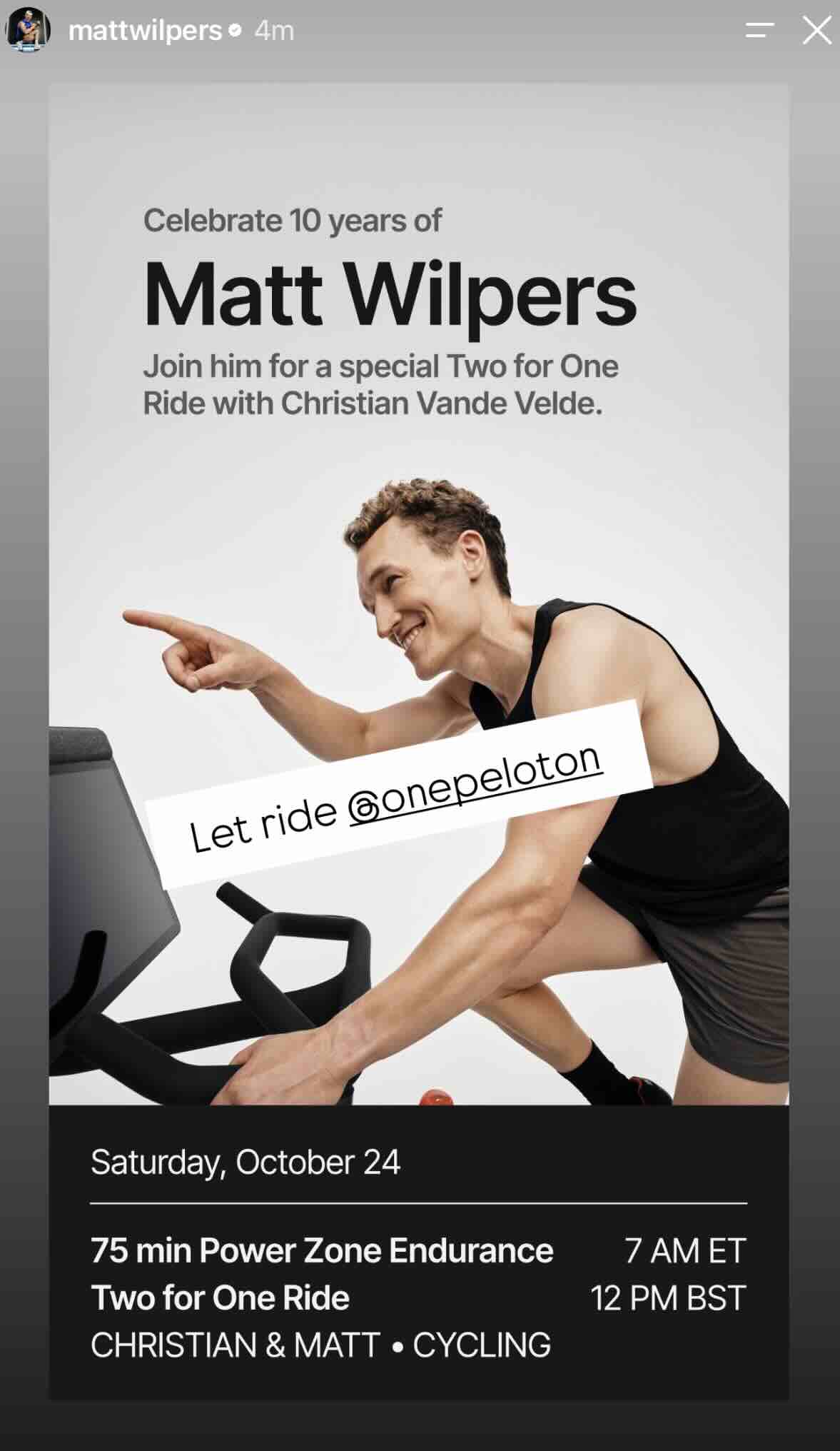 Matt Wilpers pointing from a Peloton Bike in the graphic for the Matt Wilpers 10 year Peloversary ride