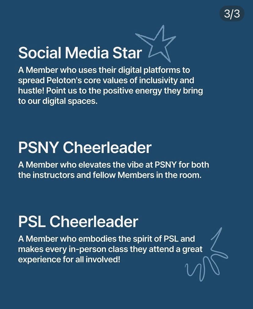 Peloton Leaderboard Awards Social Media Star, PSNY Cheerleader, and PSL Cheerleader category descriptions