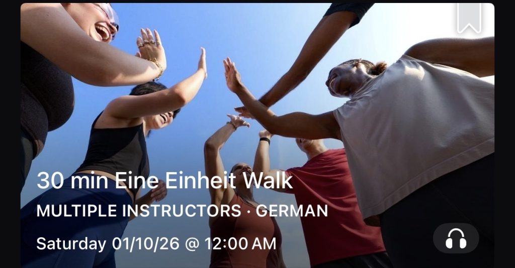 Peloton German Unity Day class card for the 30 min Eine Einheit Walk with multiple instructors