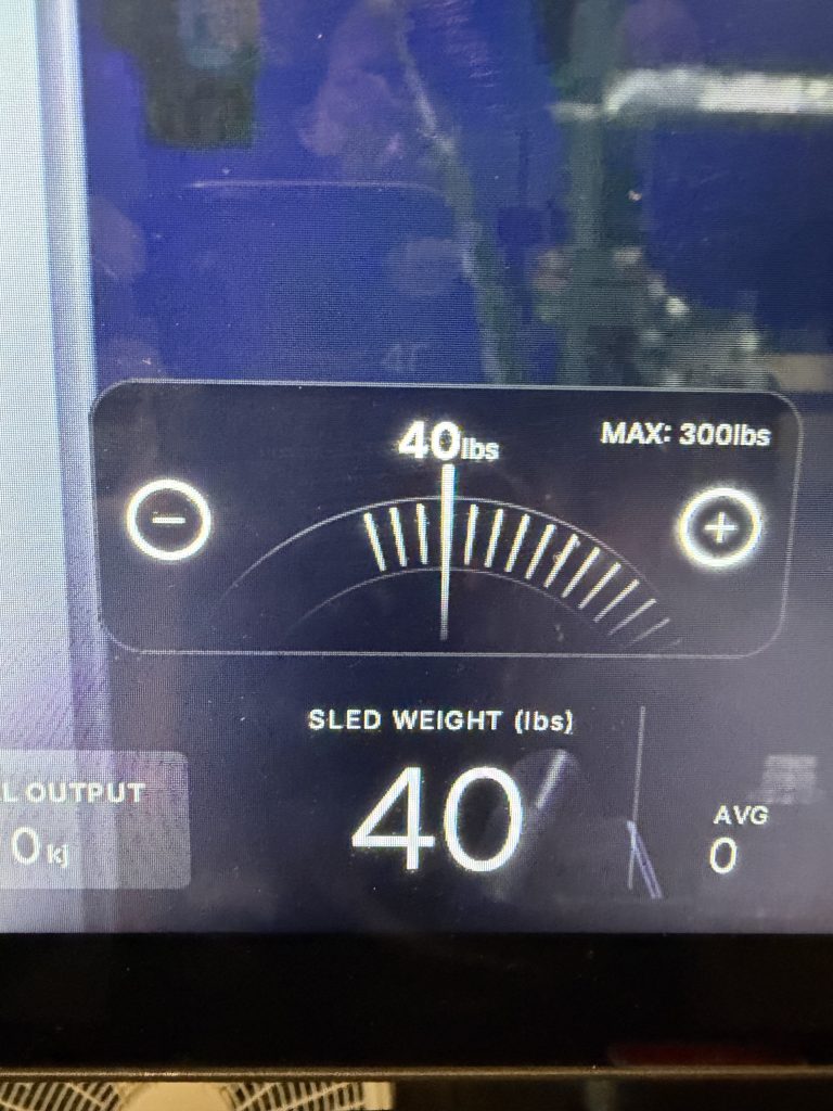 After the paragraph that begins "On screen, a Sled Weight dial appears..."
Alt: Sled Mode classes Sled Weight dial set to 40 lbs on the Peloton Tread+ display