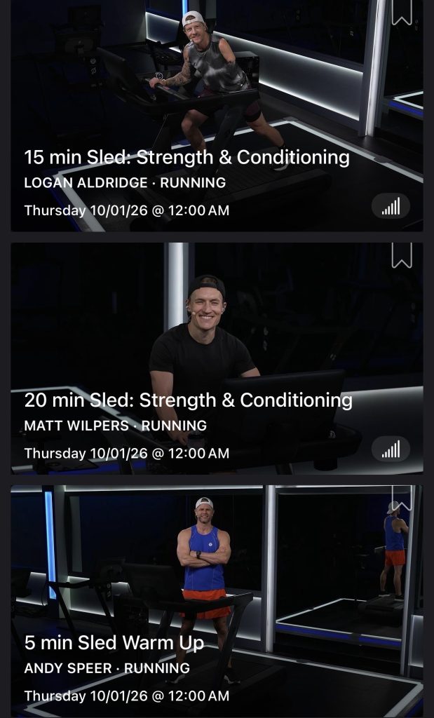 Sled Mode classes from Logan Aldridge, Matt Wilpers, and Andy Speer on Peloton Tread+