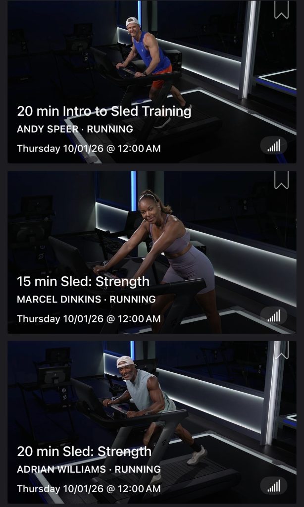 Sled Mode classes from Andy Speer, Marcel Dinkins, and Adrian Williams available October 1 on Peloton Tread+