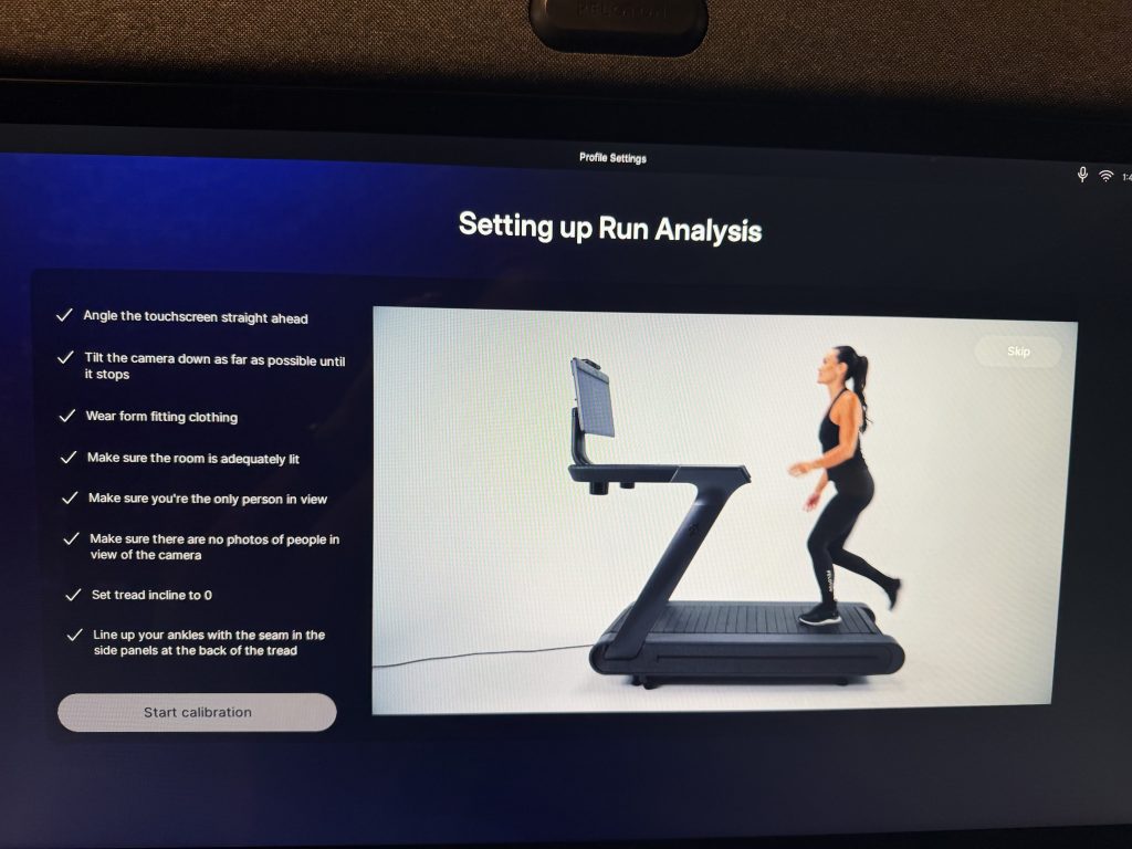 Peloton Run Analysis calibration checklist on the Tread+ touchscreen