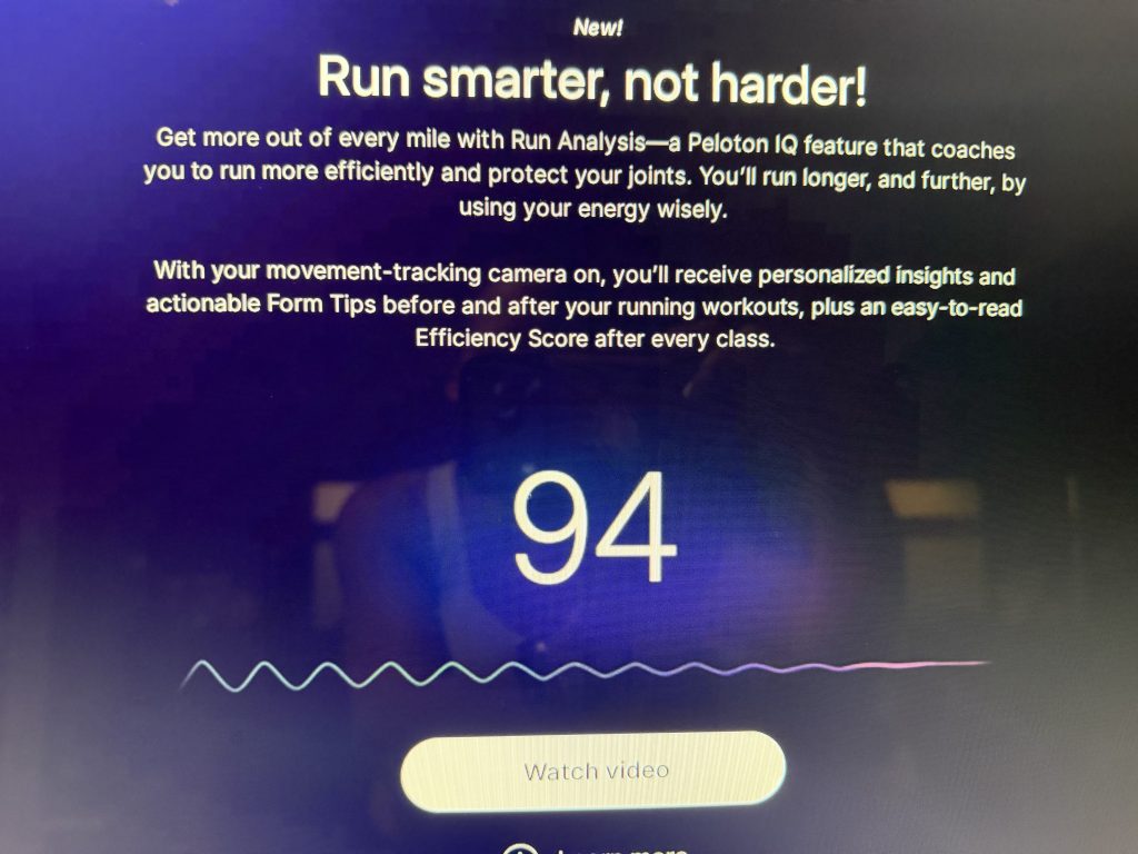 Peloton Run Analysis welcome screen showing a sample Running Efficiency Score of 94