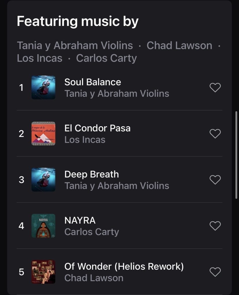 Tania y Abraham Violins tracks Soul Balance and Deep Breath in Peloton yoga music playlist