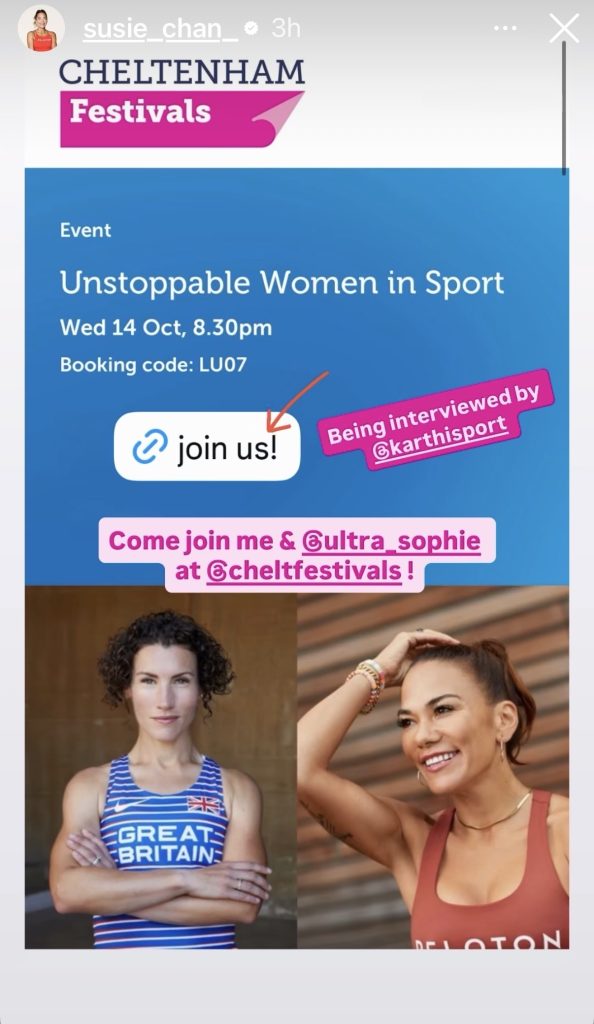 Susie Chan Cheltenham Instagram story announcing Unstoppable Women in Sport with Sophie Power on October 14