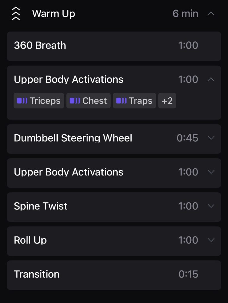 Ash Pryor Pilates class warm-up plan with 360 breath, upper body activations, spine twist, and roll up