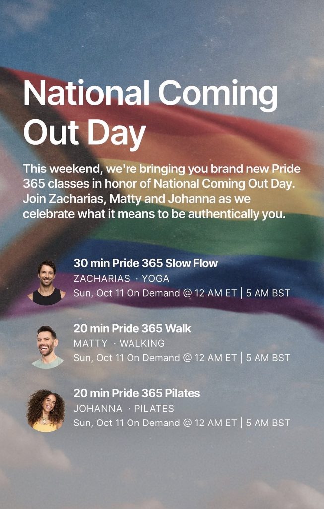 National Coming Out Day classes announcement from Peloton with Zacharias, Matty, and Johanna