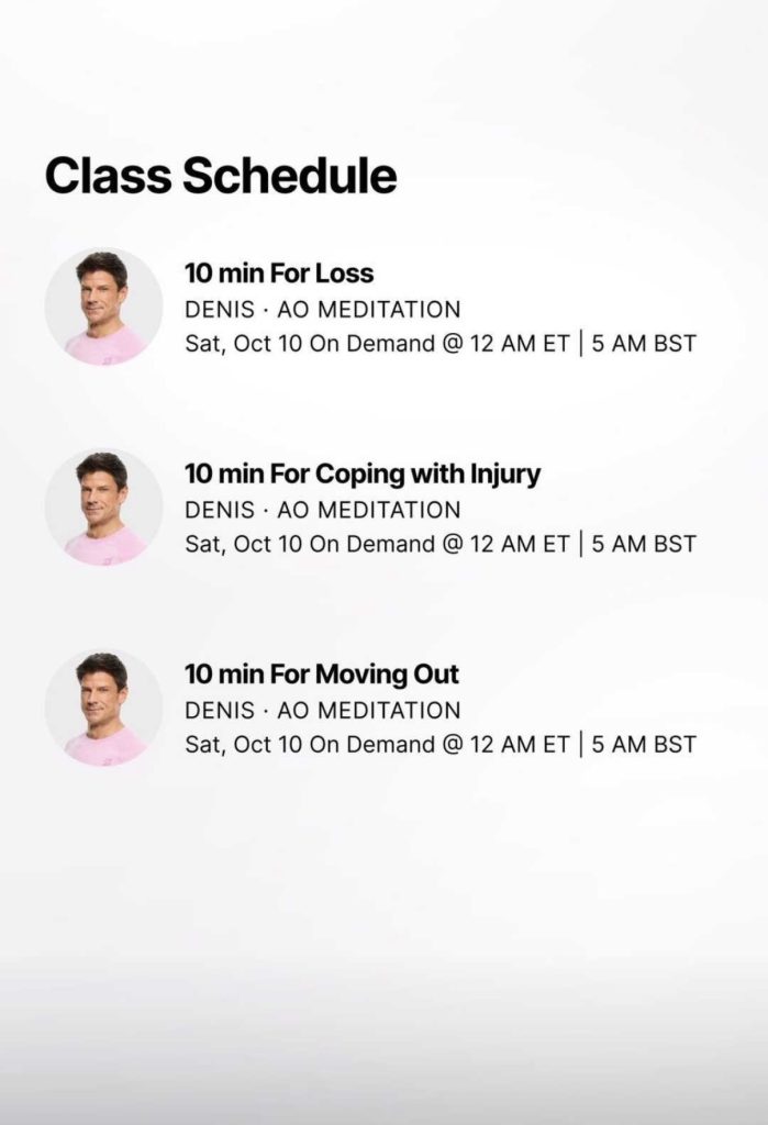 Meditate Through Change class schedule for Denis Morton with three 10-minute meditations