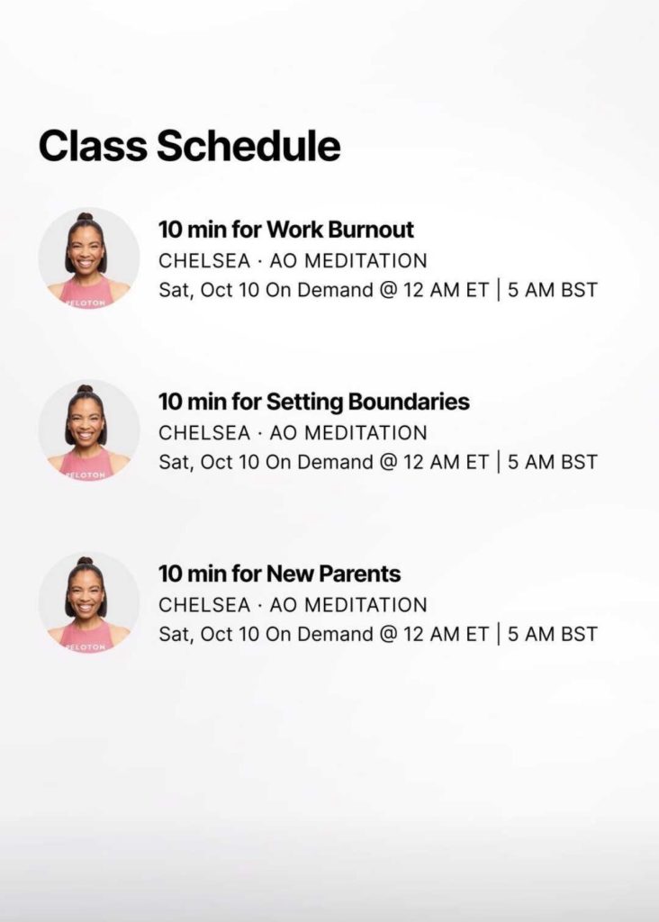 Meditate Through Change class schedule for Dr. Chelsea Jackson Roberts with three 10-minute meditations