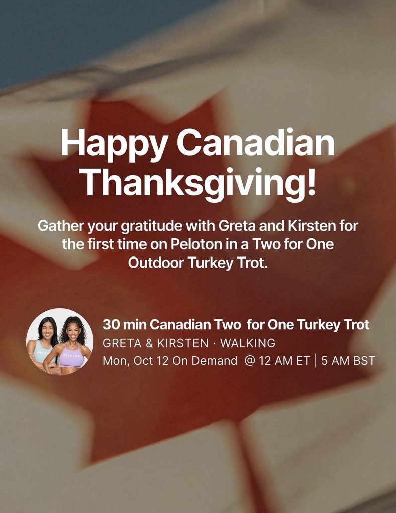 Peloton Canadian Thanksgiving graphic announcing the outdoor Turkey Trot with Greta and Kirsten