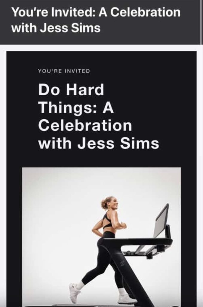Jess Sims Do Hard Things celebration invitation featuring Jess Sims running on the Peloton Tread