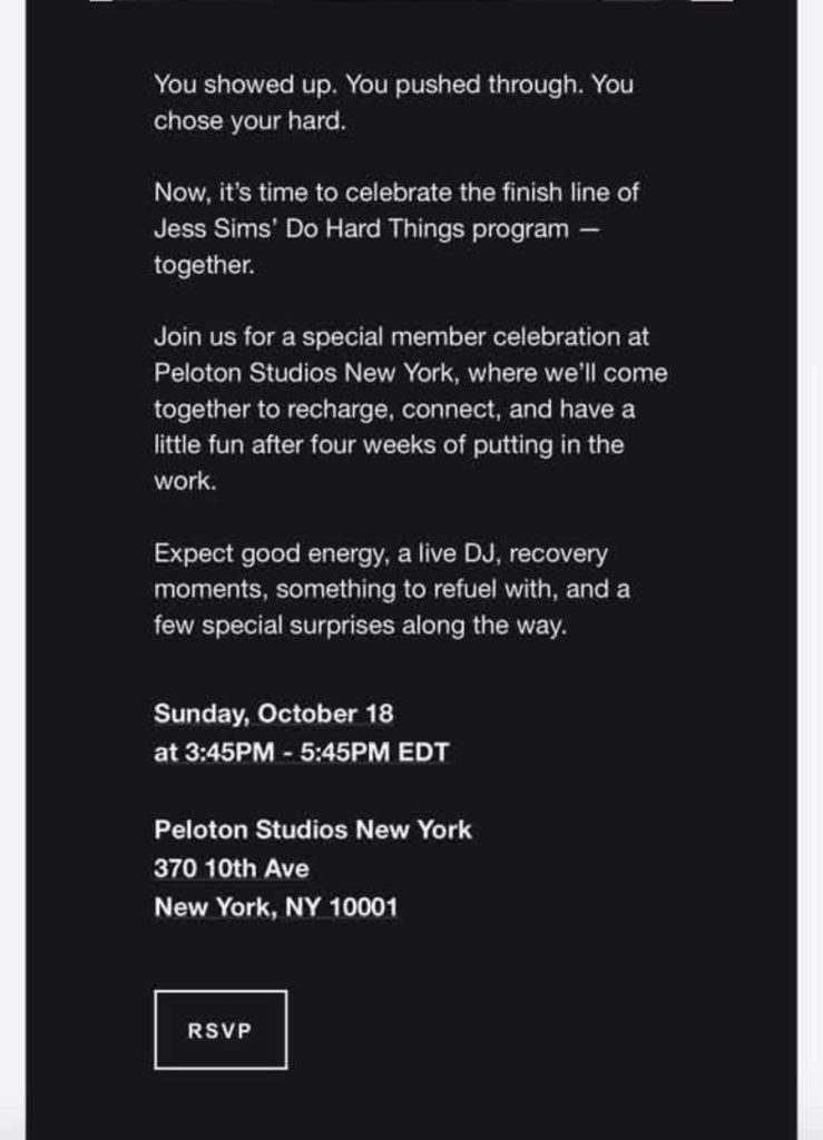 Jess Sims Do Hard Things celebration details for Oct. 18 at Peloton Studios New York