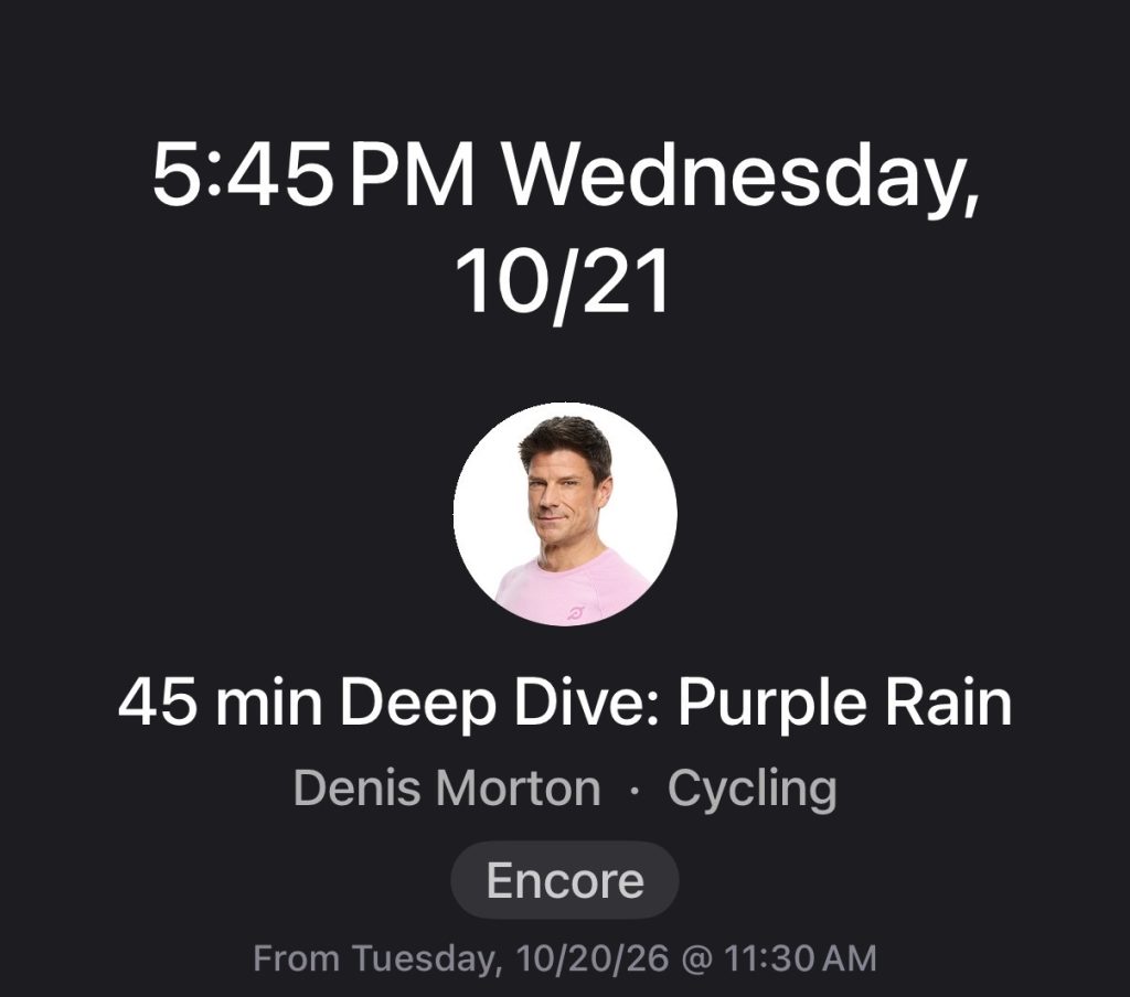 Denis Morton Deep Dive Purple Rain 45-minute cycling class releasing Wednesday, October 21