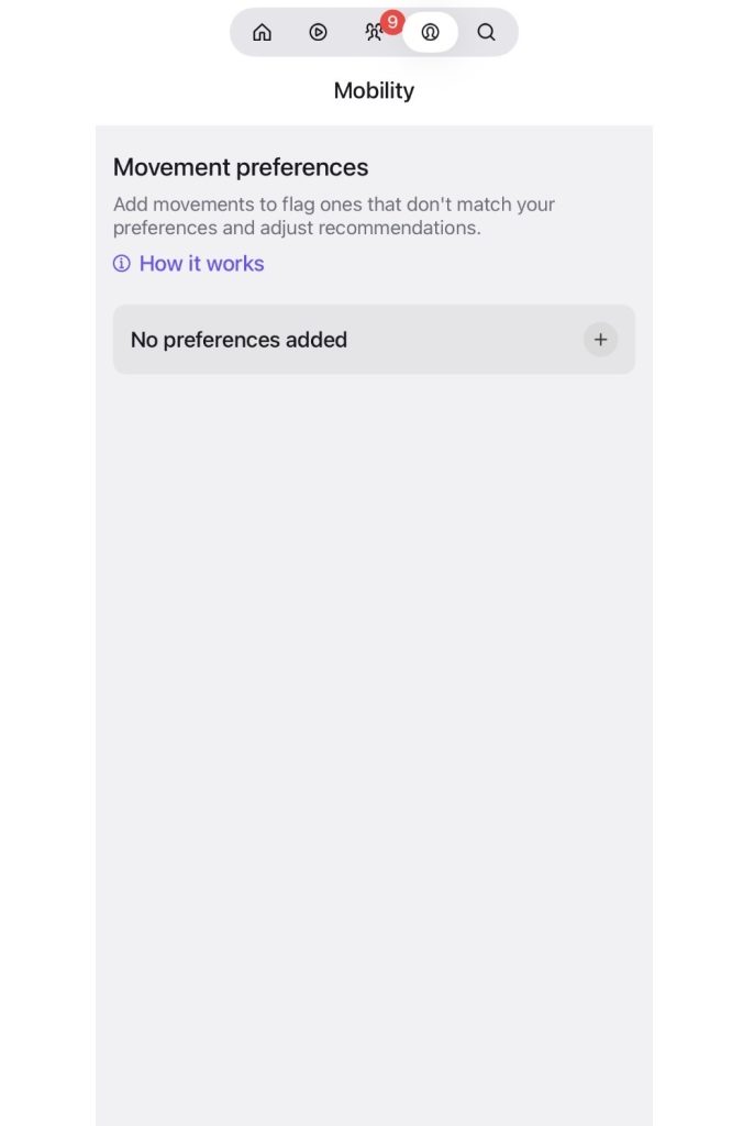 Peloton movement preferences screen in the Mobility section showing No preferences added and a How it works link