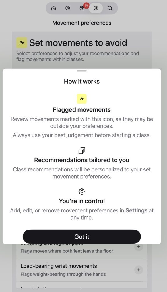 Peloton movement preferences list titled Set movements to avoid with Bending forward, Deep hip bending, and Deep knee bending options
