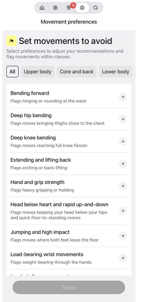 Peloton movement preferences list titled Set movements to avoid with Bending forward, Deep hip bending, and Deep knee bending options