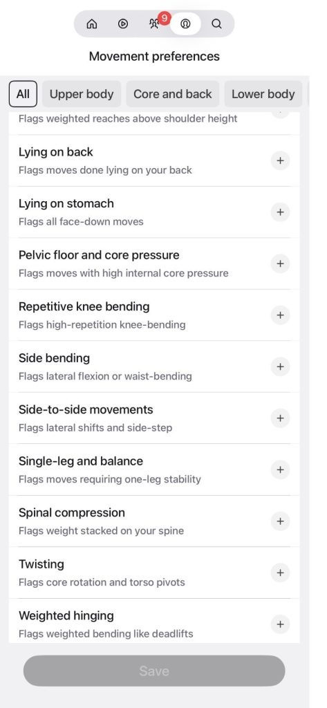 Peloton movement preferences options including Lying on back, Twisting, Spinal compression, and Weighted hinging