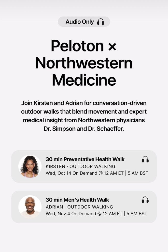 Peloton Preventative Health Walk promo for the Peloton and Northwestern Medicine audio-only walk series