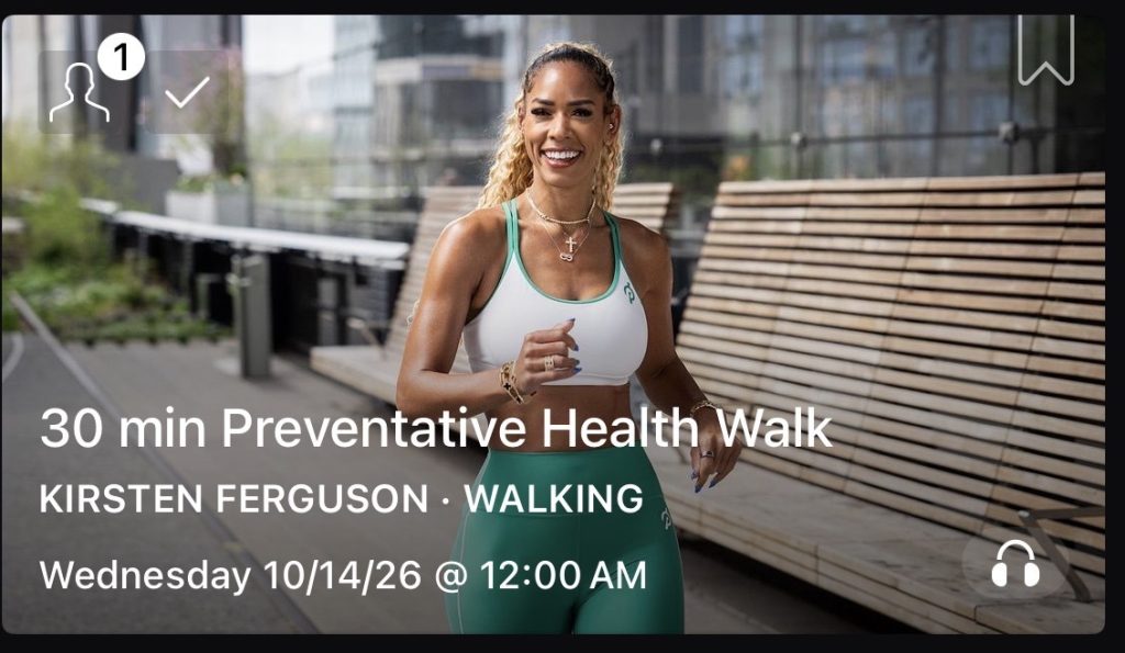 Peloton Preventative Health Walk with Kirsten Ferguson walking outdoors in Peloton apparel
