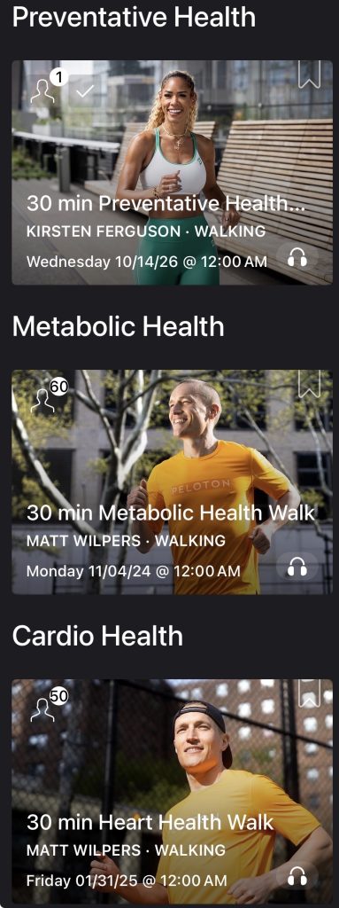 Peloton Preventative Health Walk listed with Matt Wilpers Metabolic Health and Heart Health walks
