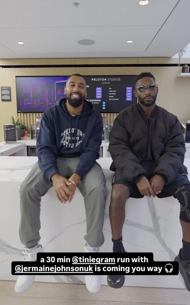 Tinie Tempah Peloton run announced by Jermaine Johnson and Tinie in the Peloton Studios London café
