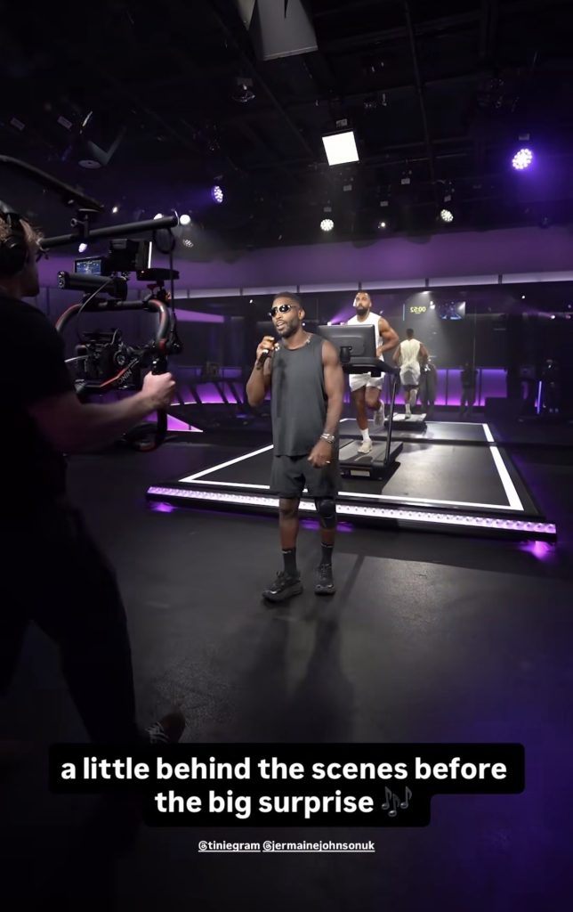 Tinie Tempah Peloton behind the scenes with the camera crew and Jermaine Johnson on the Tread